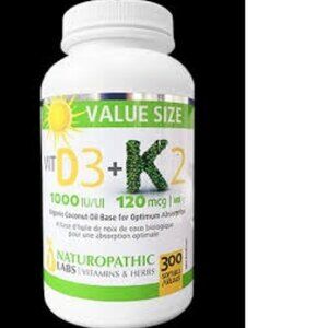 Naturopathic Labs Vitamin D3 1,000 IU + K2 120mcg - 300 Softgels